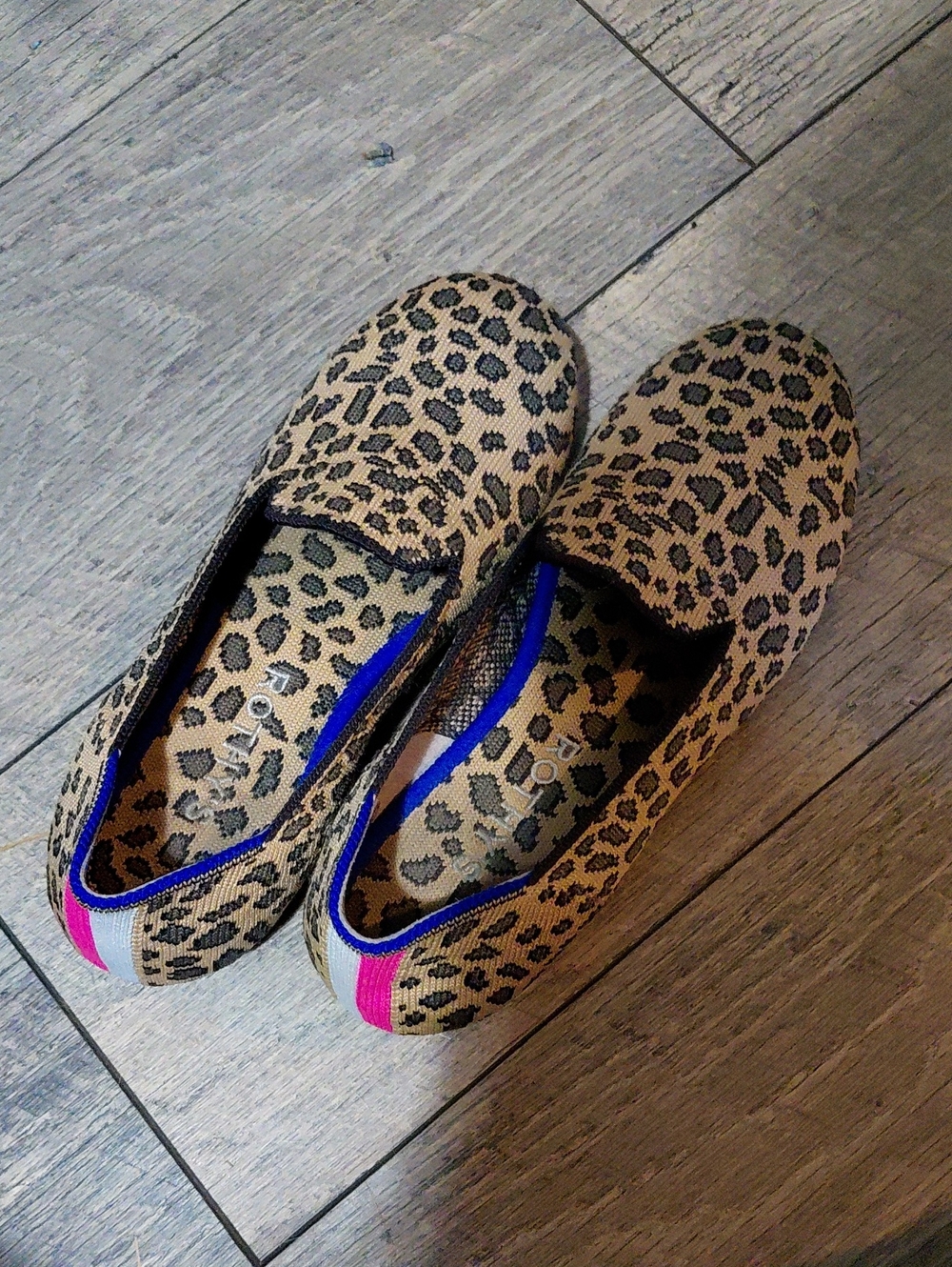 Rothy's Leopard Print Flats with Blue Trim and Pink Heel Tab